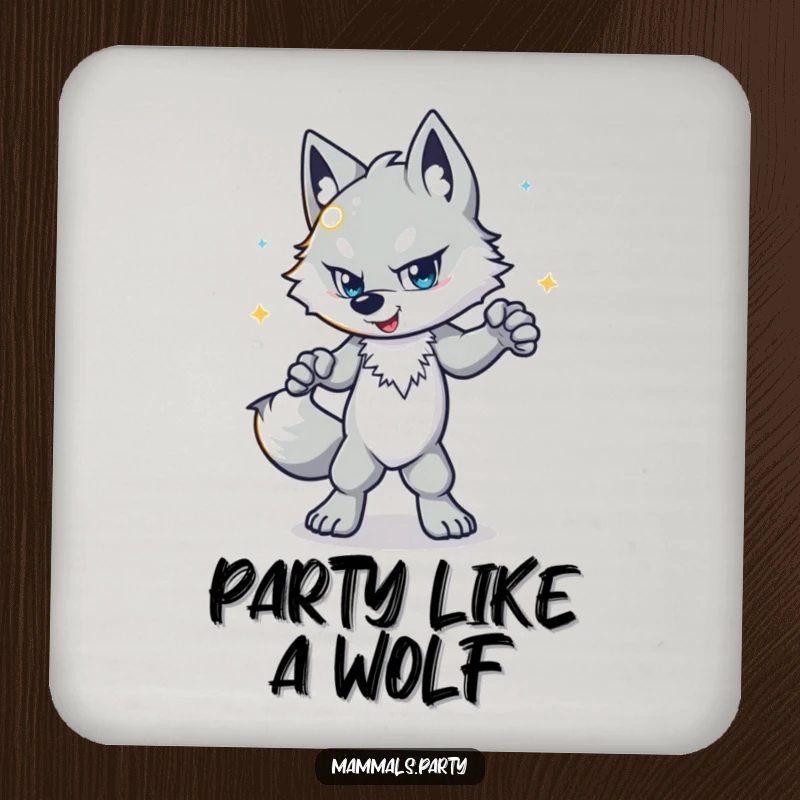 Funny wolf coaster showing a determined character disco dancing with a shiny ball, protecting surfaces with groovy humor.