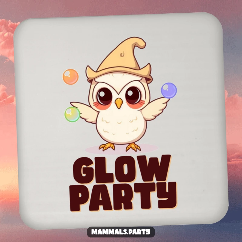Funny owl character in a silly hat juggling glowing orbs on a drink coaster, perfect for adding a touch of enchantment.
