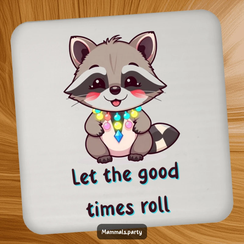 Funny raccoon coaster showing a giggling character with a flashing party necklace, protecting surfaces with festive, humorous style.