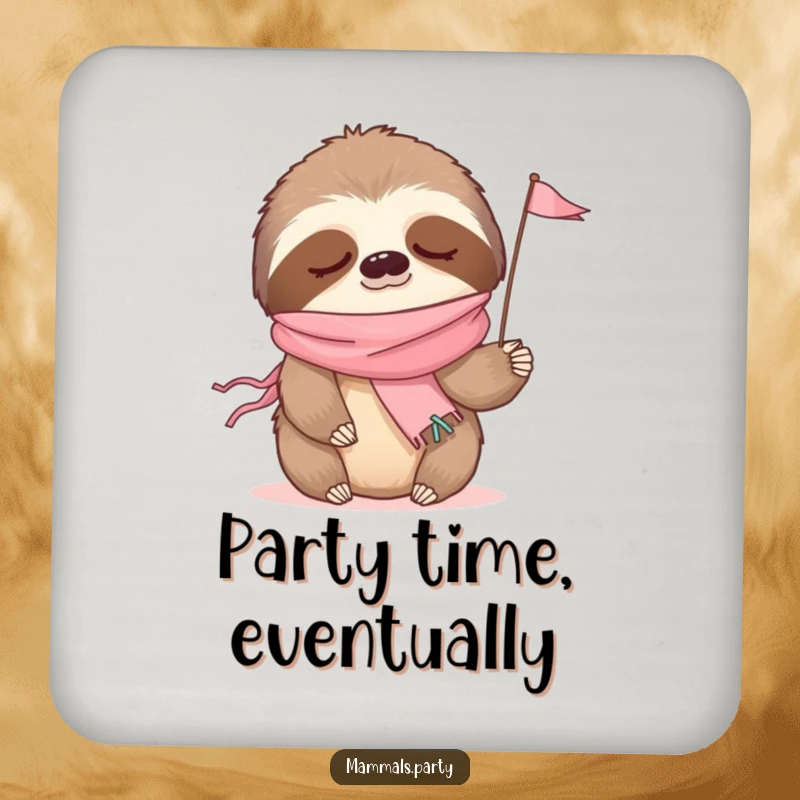 Funny drink coaster featuring a sleepy sloth wearing a party streamer, waving a tiny flag, protecting surfaces.