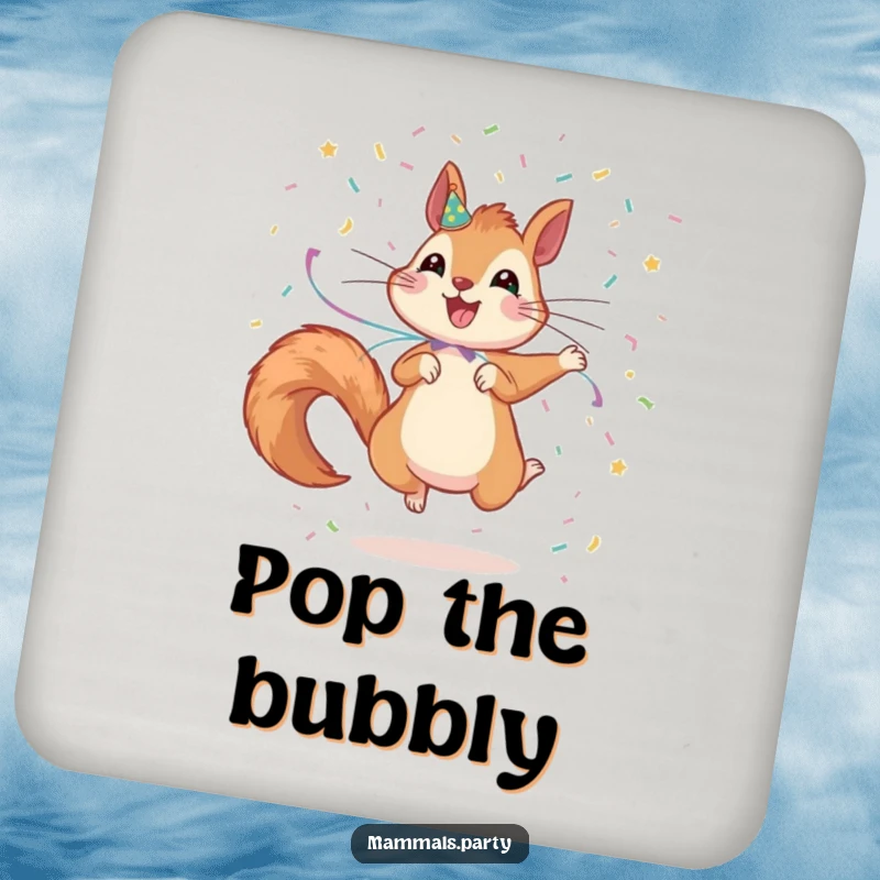 Funny Squirrel Drink Coaster: An excited squirrel jumps and scatters confetti, adding playful charm and surface protection.