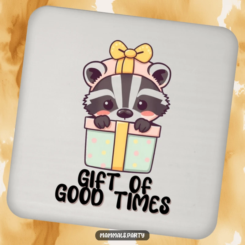 Funny drink coaster featuring a playful badger peeking from behind a gift box, protecting surfaces humorously.