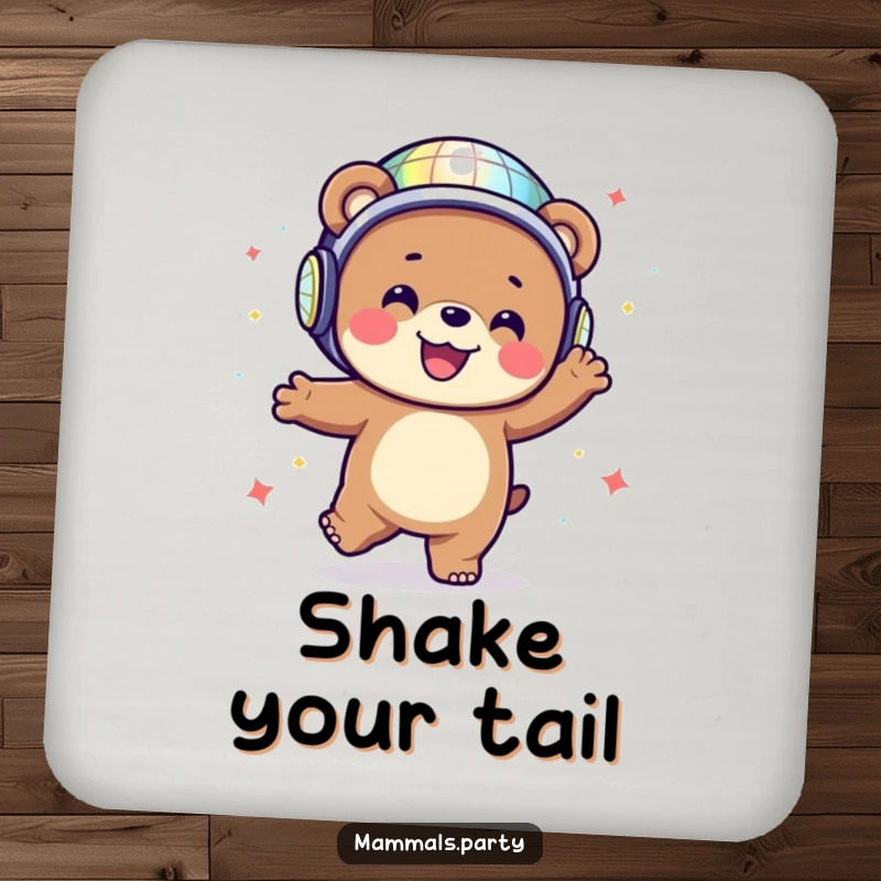 Happy bear dancing energetically with a disco ball helmet on drink coasters for a groovy, humorous touch.