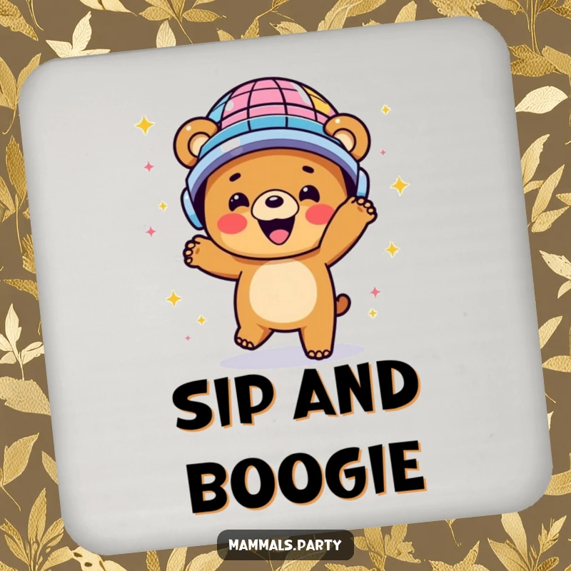 Funny coasters featuring a happy bear dancing energetically in a disco ball helmet, protecting surfaces with retro charm.
