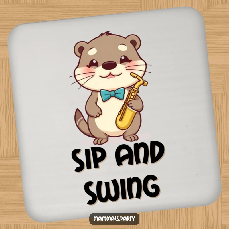 Funny Otter Coaster depicting a stylish otter in a bowtie playing a tiny saxophone, protecting surfaces.