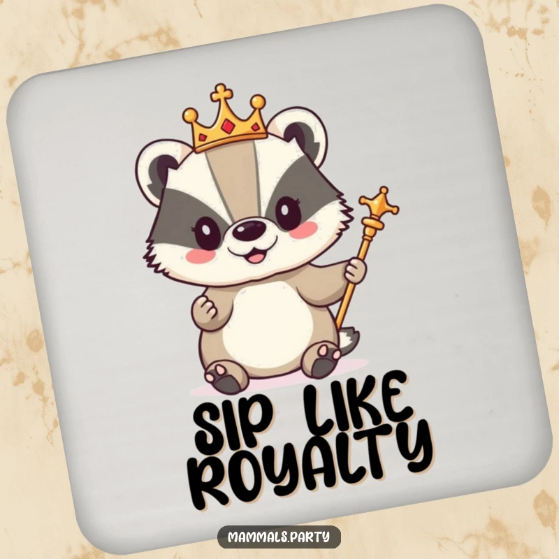 Funny coaster featuring a cute badger character in a tiny crown and holding a scepter, exuding royal authority.