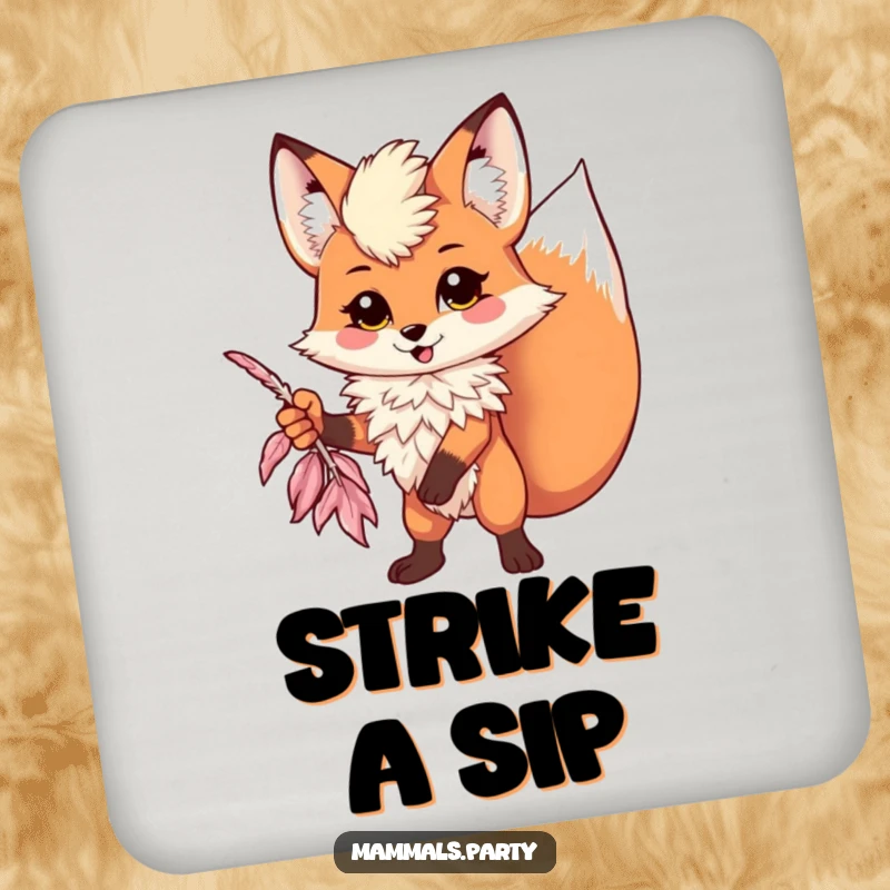 Funny kawaii fox wearing a feather boa striking a dramatic pose on a drink coaster, protecting surfaces with humorous drama.