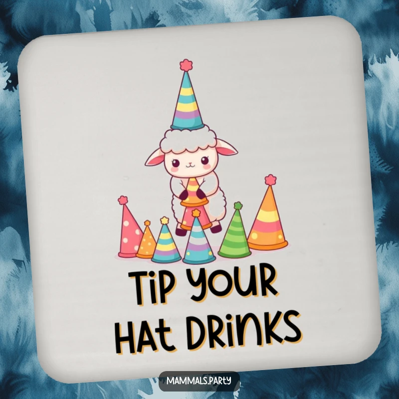 Funny Sheep Coasters: Cute kawaii sheep hilariously balancing party hats, humorous protection for drinks.