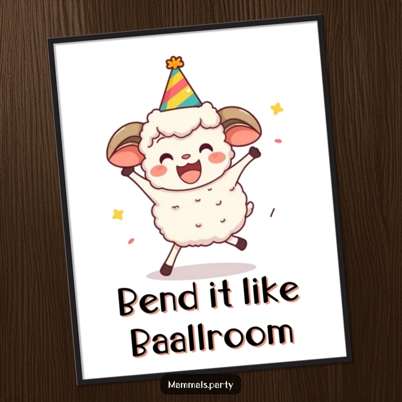Funny, excited sheep wearing a party hat, attempting to limbo low, depicted in a lively, humorous poster.
