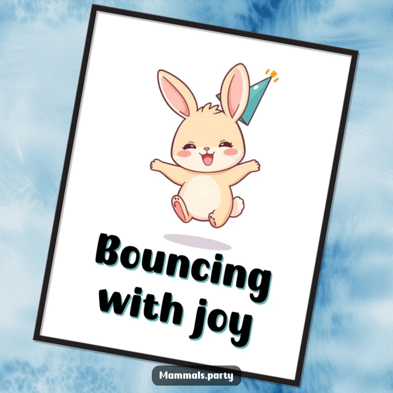 Funny poster featuring a small, excited bunny bouncing with ears flopped back, wearing a party hat, ready for celebration.