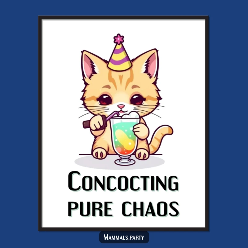 Funny Kawaii Cat Party Drink Poster, Vibrant and Hilarious Cocktail Art Print