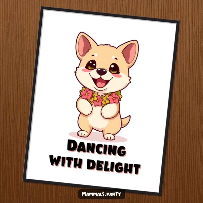 Funny kawaii dog wearing a lei, eyes bulging with dance excitement, as a vibrant poster for humorous wall decor.