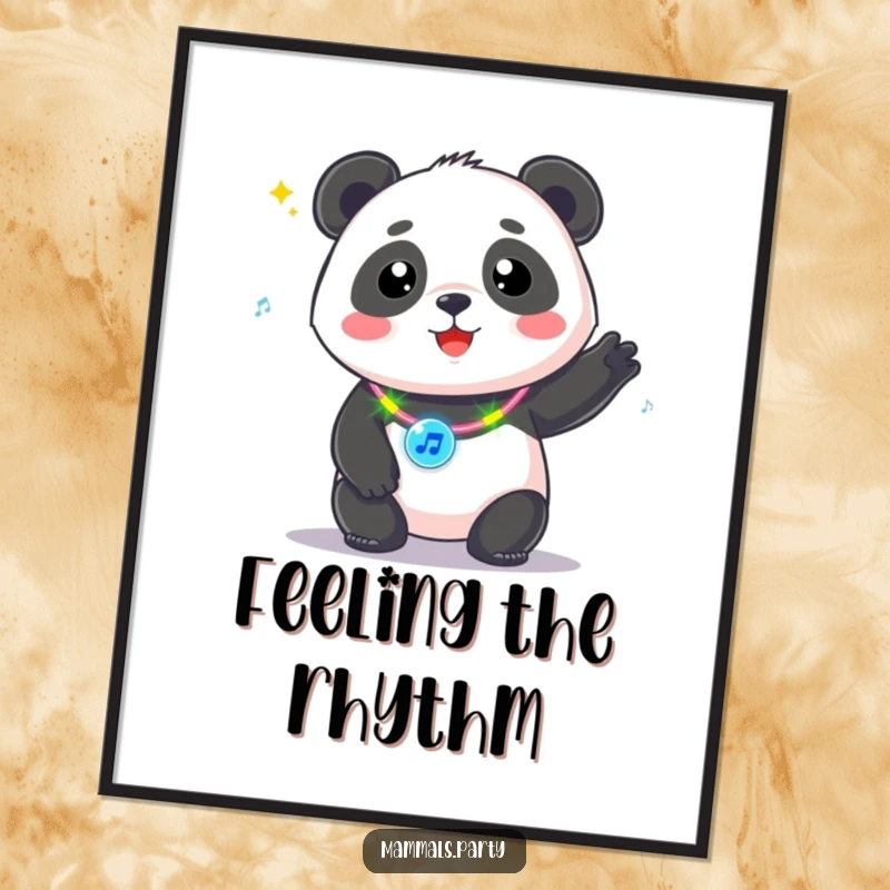Funny Kawaii Panda with a flashing necklace, enthusiastically bopping to music, a vibrant poster for a music-themed room.