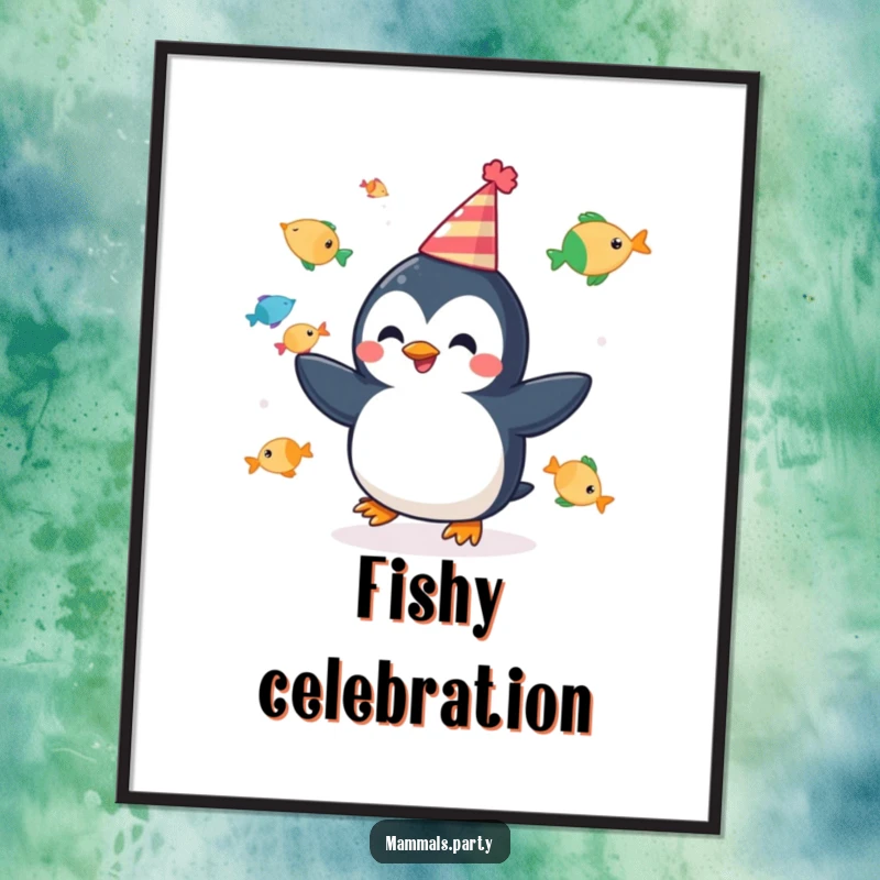Funny poster art of a cheerful penguin in a party hat juggling colorful fish, creating a vibrant celebration scene.