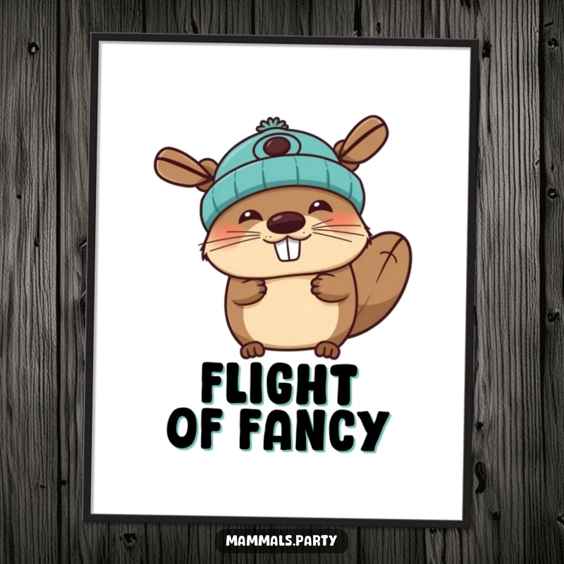 Funny beaver poster depicting a joyous character wearing a propeller beanie, creating cheerful and humorous wall art.