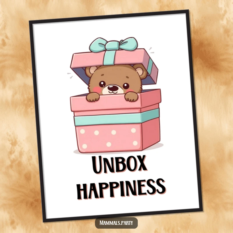 Funny poster art of a curious bear cub peeking out from a large, open gift box with an inquisitive expression.