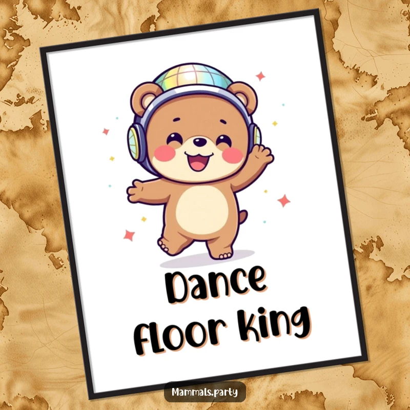 Happy bear character wearing a disco ball helmet dancing energetically, as a humorous poster for vibrant wall art.