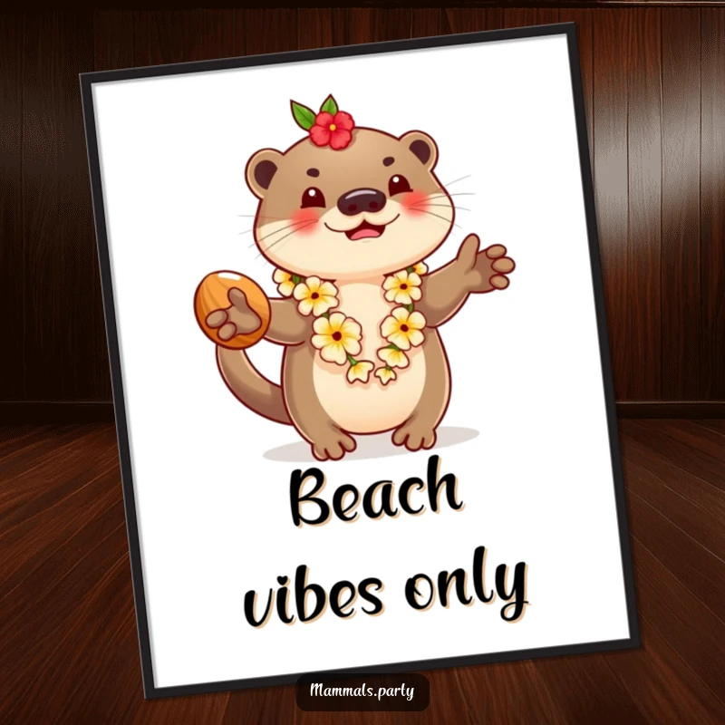 Funny poster of a playful otter in a lei, juggling coconuts, creating a humorous and vibrant tropical scene for wall decor.