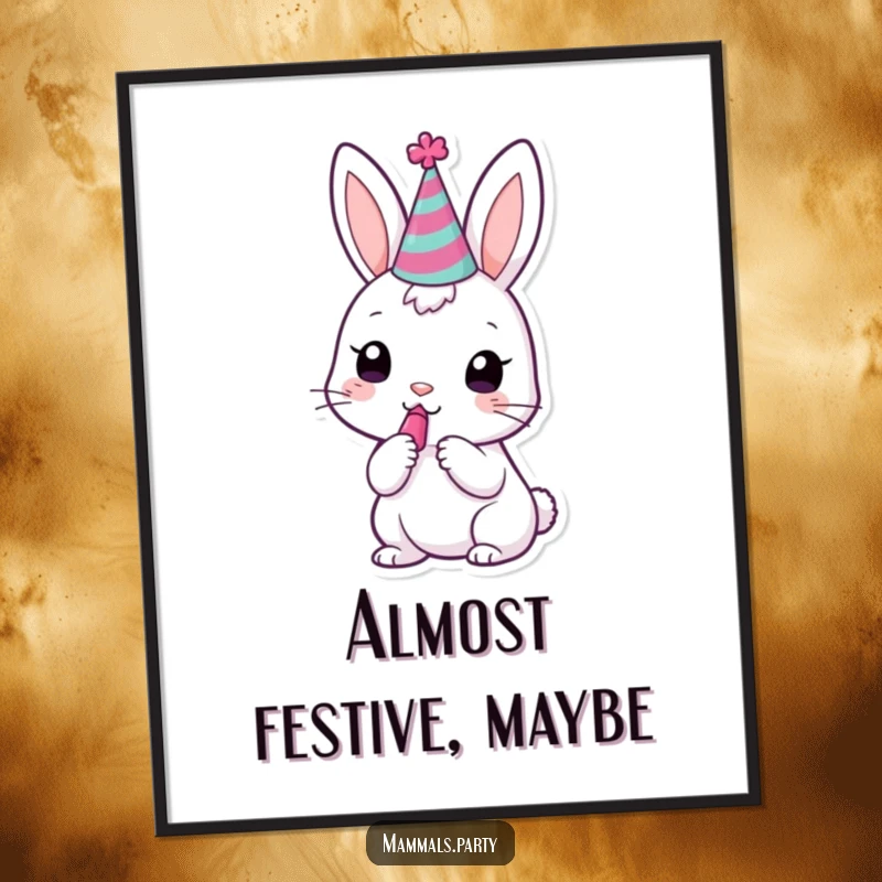Funny kawaii bunny wearing a tiny party hat, attempting to blow a noisemaker, charming wall art.