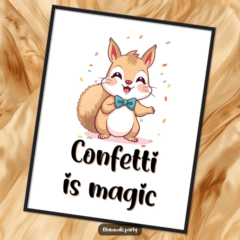 Funny Kawaii Squirrel in formal wear, enthusiastically throwing colorful confetti, bringing festive cheer to a wall poster.