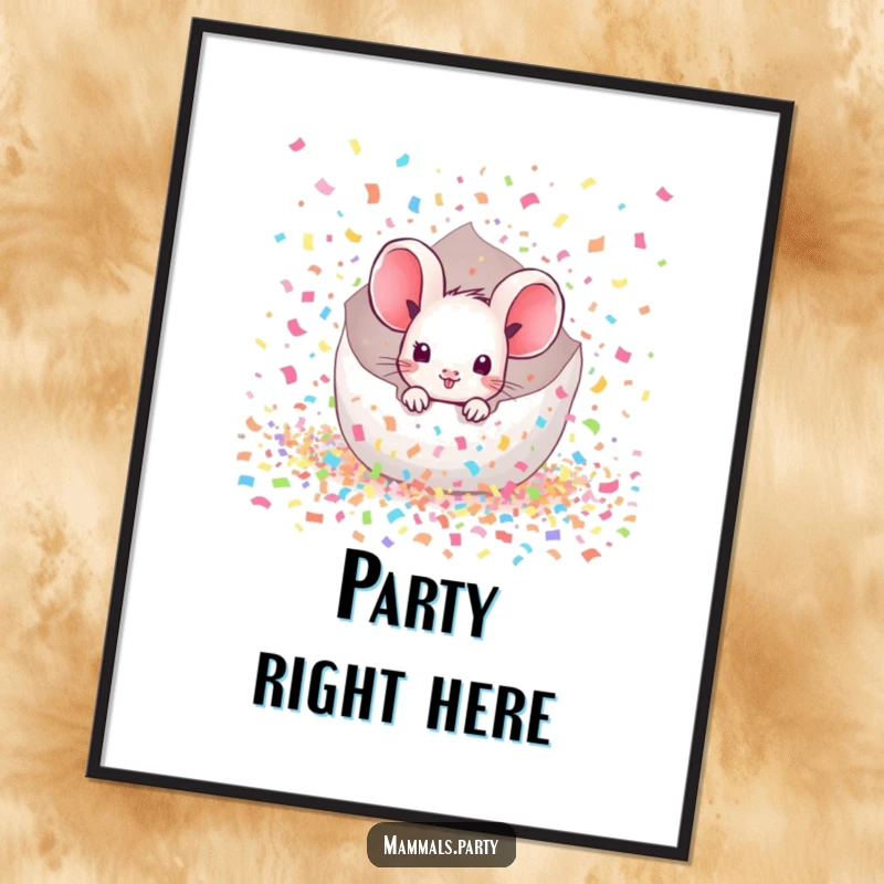 Funny Mouse Poster: A kawaii mouse peeks out from a giant, colorful confetti explosion, capturing a moment of pure delight.