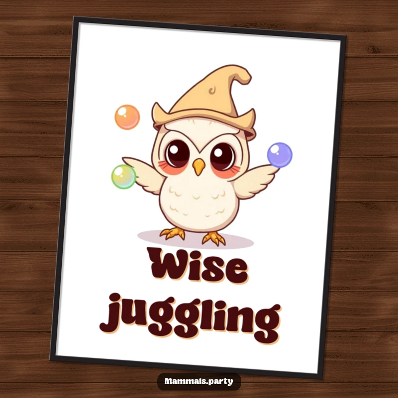 Funny owl character wearing a silly hat, skillfully juggling glowing orbs, presented as a poster, adding a magical and humorous touch.