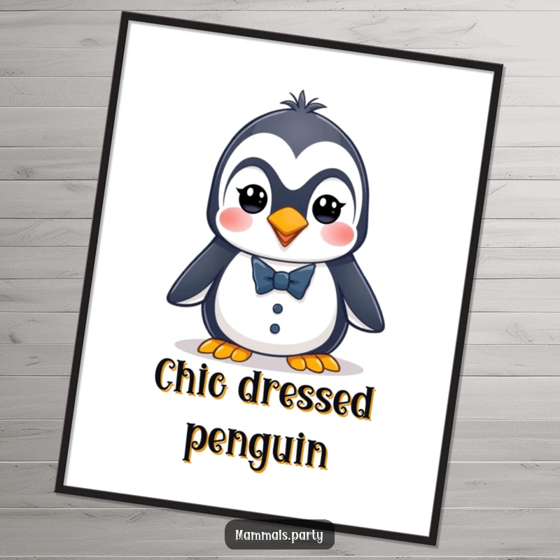 Funny penguin poster depicting an energetic character in a tiny tuxedo, creating dapper and humorous wall art.