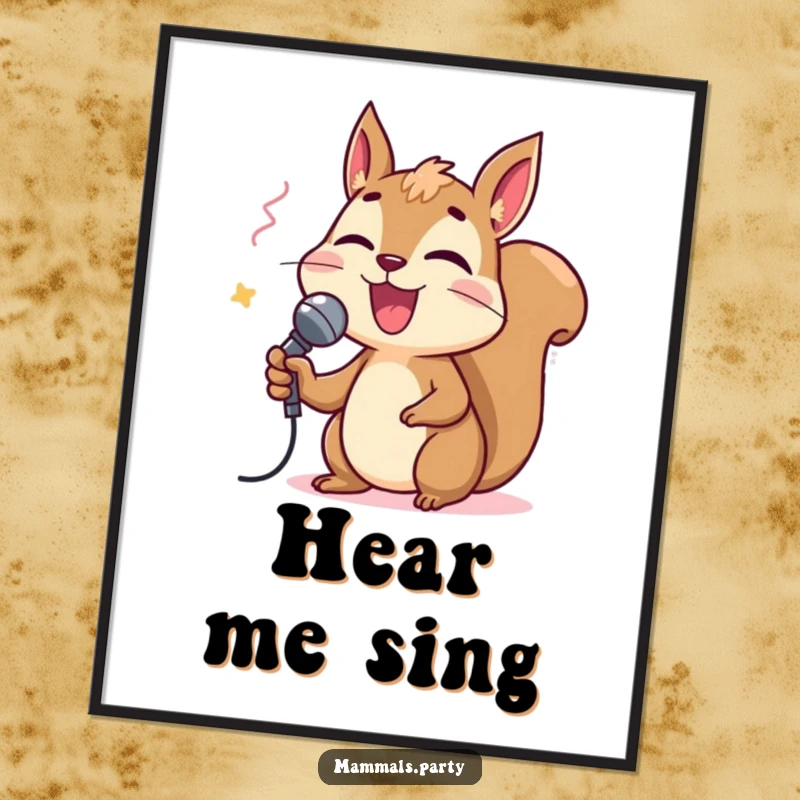 Funny squirrel character with a tiny microphone enthusiastically singing karaoke, presented as a vibrant poster, ideal for music-themed decor.