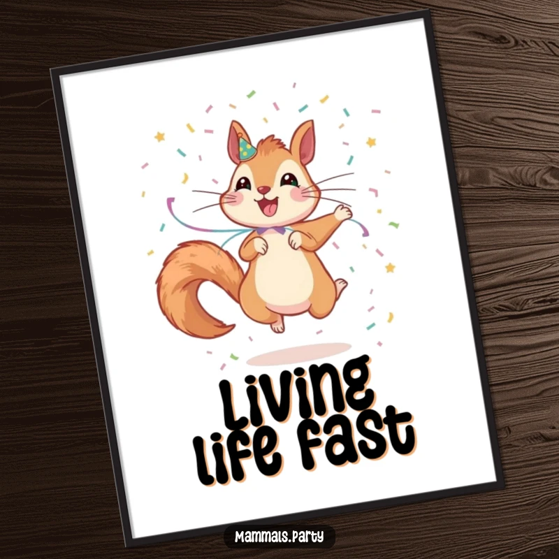 Funny Squirrel Poster: An excited squirrel decorated with streamers jumps and scatters confetti, creating a lively and festive wall art.