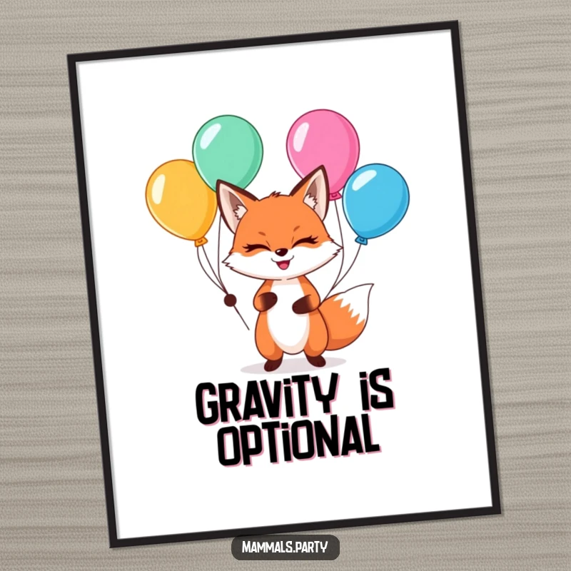Funny kawaii fox with a sly grin, skillfully juggling multicolored balloons, charming wall art.
