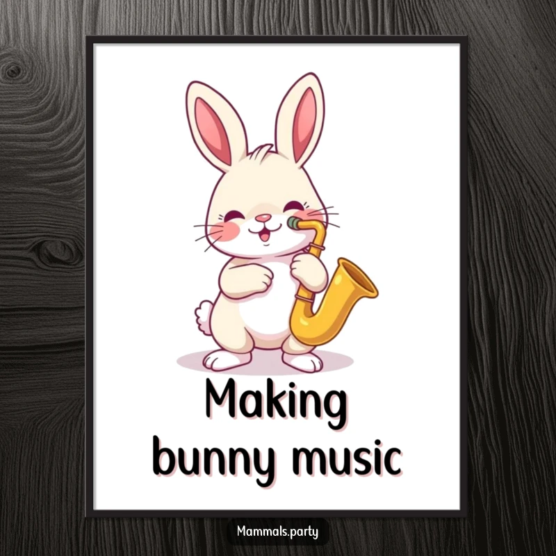 Funny poster art of a cheerful rabbit playing a tiny saxophone, surrounded by musical notes, embodying pure jazz joy.