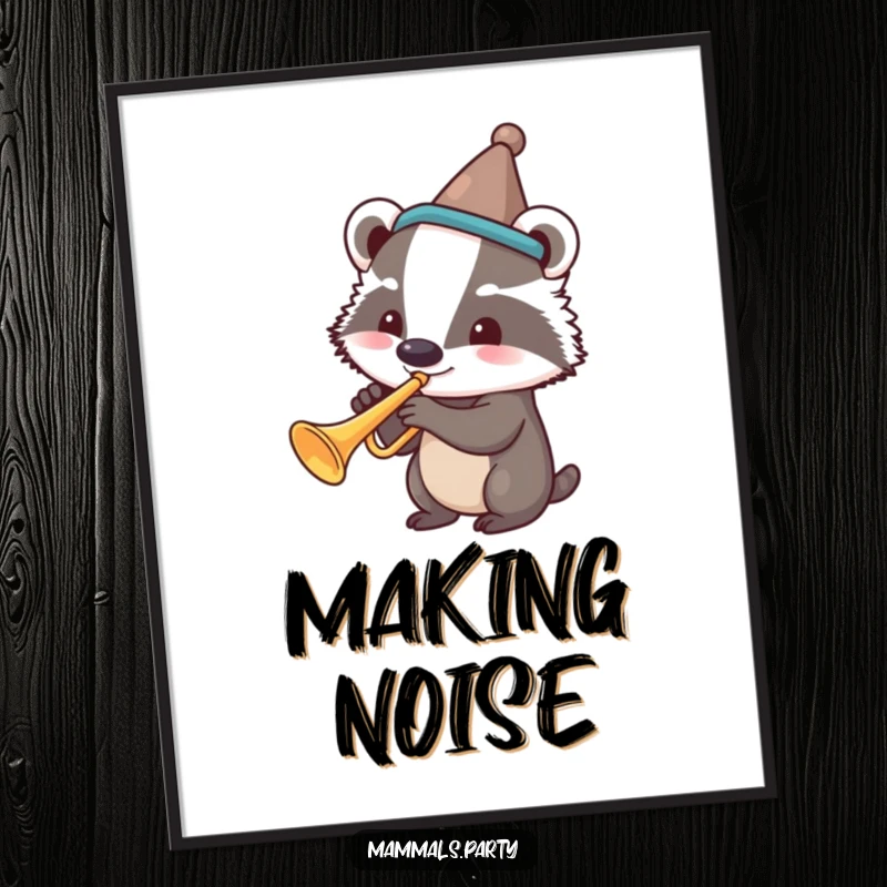 Funny poster art of a badger in a silly hat, happily playing a trumpet with musical notes surrounding it.