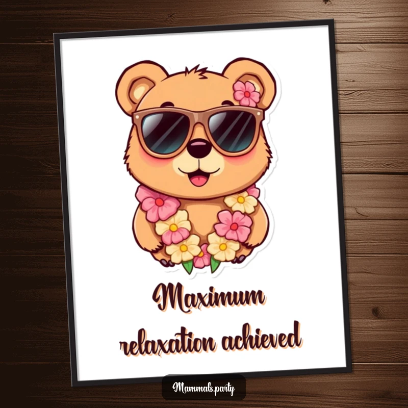 Funny poster print of a curious bear character wearing oversized sunglasses and a lei, creating a cheerful and humorous wall art statement.