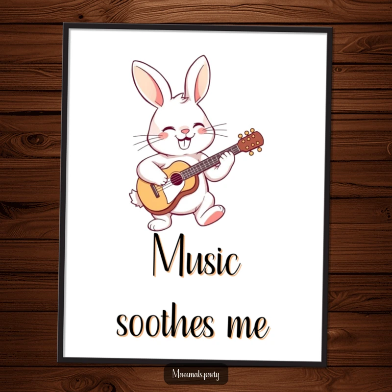 Funny poster of a cheerful rabbit playing a small guitar with a big grin, ideal for music lovers and those who enjoy whimsical art.