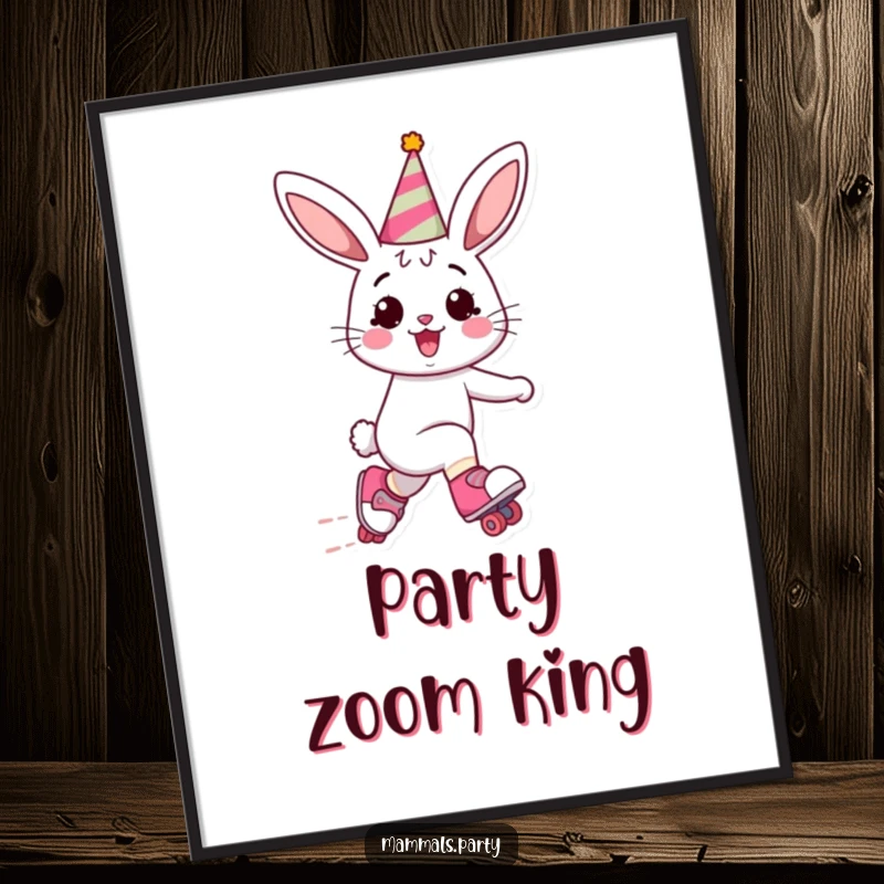 Funny Bunny Poster: A cheerful bunny with a party hat skates with gusto on roller skates, creating a lively and amusing visual.