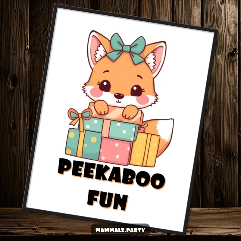Funny Fox Poster: A playful fox peeks from behind wrapped presents, creating a whimsical and charming wall decor.
