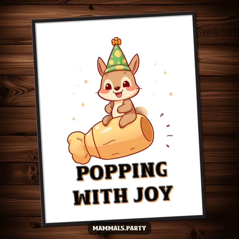 Funny gleeful squirrel poster, wearing a festive hat and riding a champagne cork, bringing celebratory humor to any room.