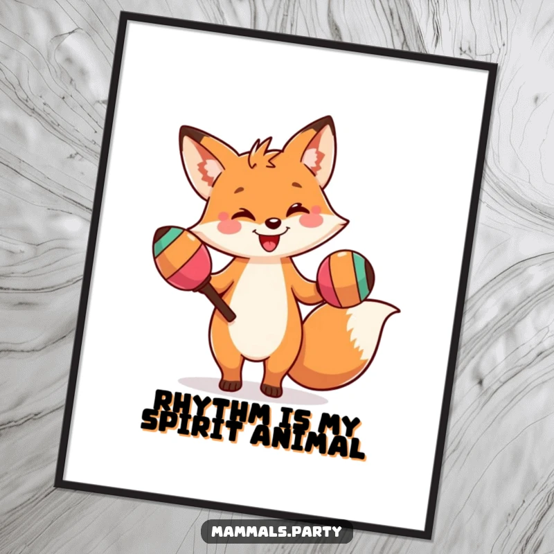 Funny poster depicting a smiling fox character doing a silly dance with oversized maracas, creating a dynamic and humorous visual.