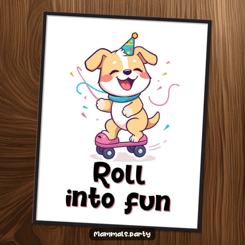 Funny Dog Poster depicting a delighted dog with a party streamer, enthusiastically riding a roller skate, capturing pure, unadulterated fun.