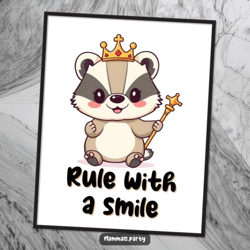 Funny poster art of a cute badger character adorned with a small crown and scepter, looking dignified yet adorable.