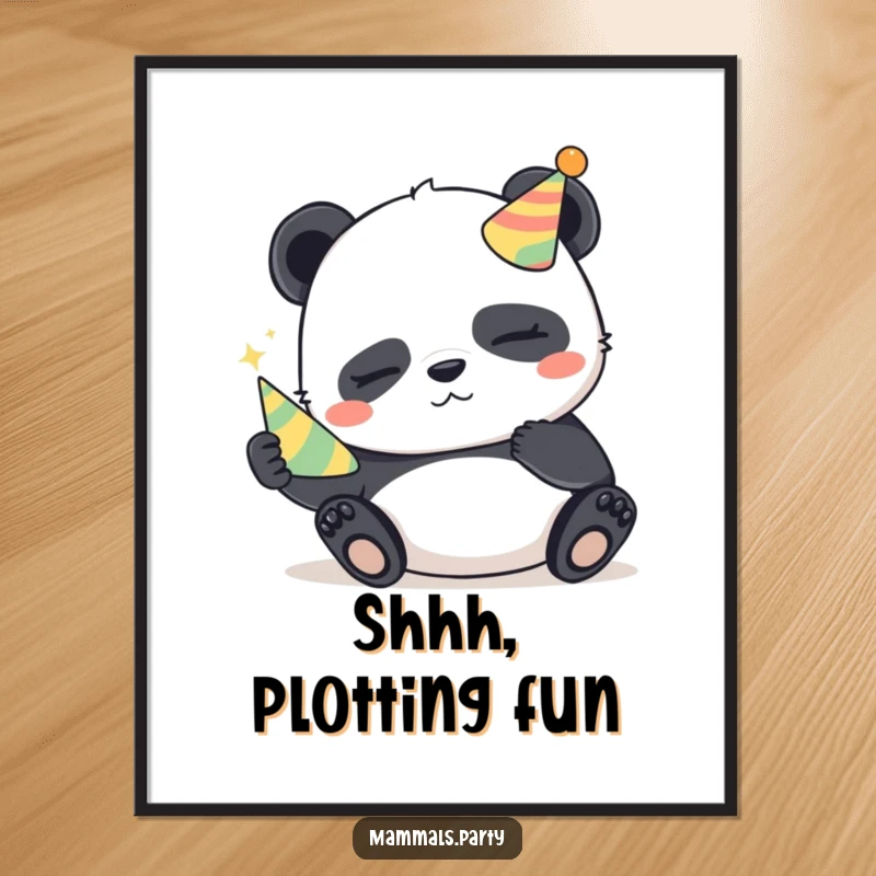 Funny Panda Poster: A sleepy panda holds a tiny party horn with a mischievous glint, creating a fun and whimsical wall decor.