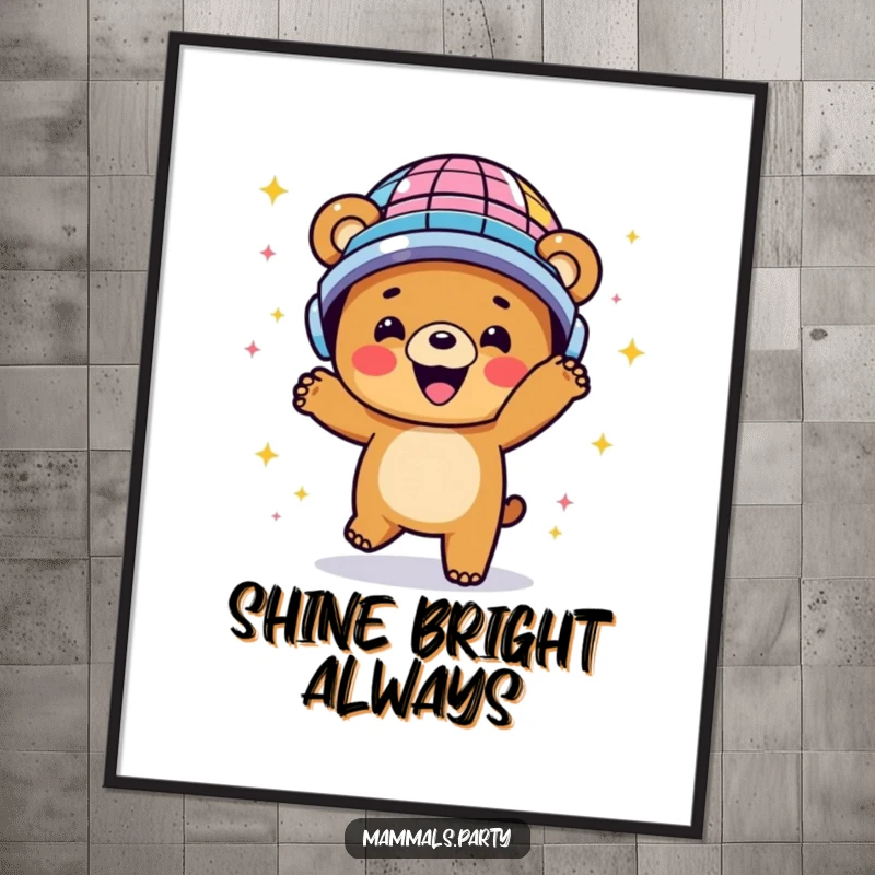 Funny poster art of a happy bear in a disco ball helmet dancing energetically, capturing the spirit of retro fun.