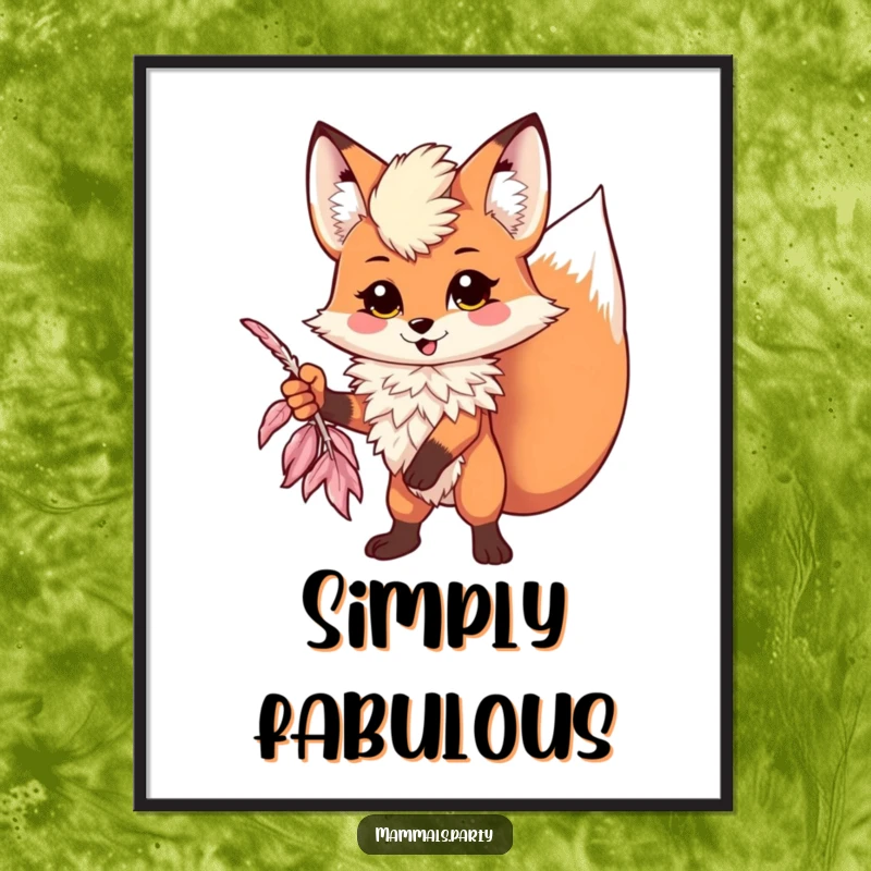 Funny kawaii fox wearing a feather boa striking a dramatic pose, displayed as a vibrant poster for humorous art.