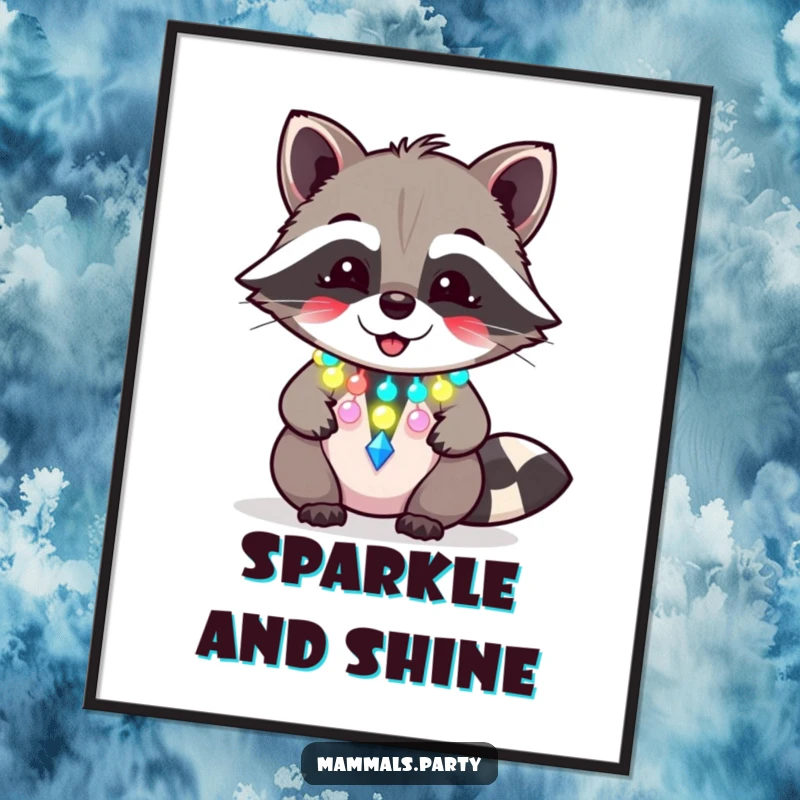 Funny raccoon poster depicting a giggling character with a flashing party necklace, creating festive and humorous wall art.