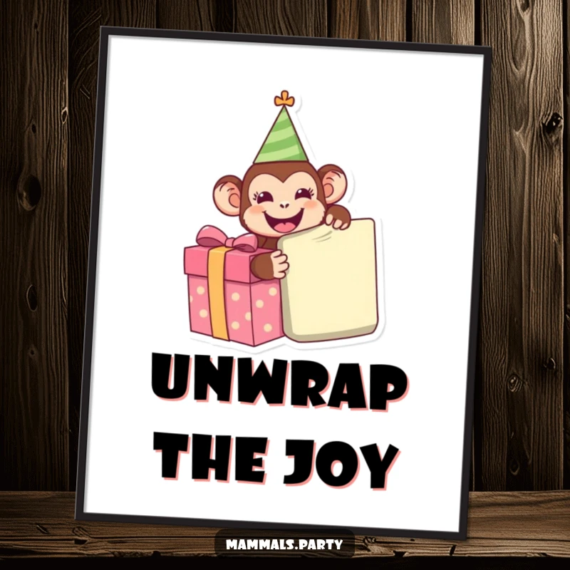 Funny Monkey Poster: A happy monkey wearing a party hat, eagerly unwrapping a giant present, capturing the pure thrill of surprise.