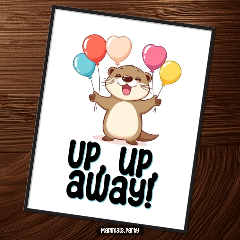 Funny poster art of a playful otter character juggling multiple colorful balloons, embodying skill and pure joy.