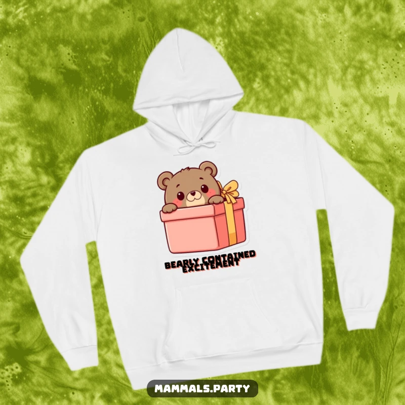 Funny Bear Hoodie: A curious bear peeks out with excitement from a giant gift box, radiating a sense of playful anticipation.
