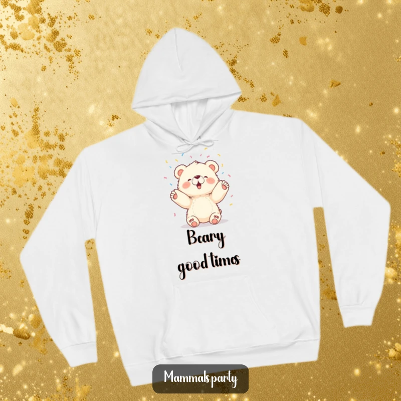Funny hoodie showing a fluffy bear cub joyfully tossing colorful confetti upwards with its paws, perfect for cozy celebrations.