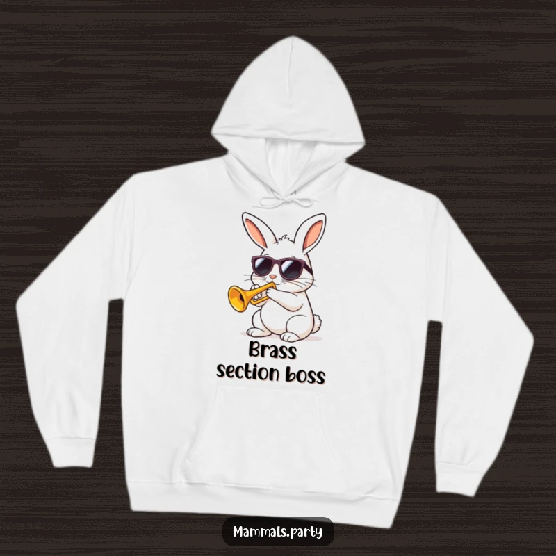 Funny kawaii rabbit wearing sunglasses playing a tiny trumpet with gusto on a cozy hoodie, offering musical humor.