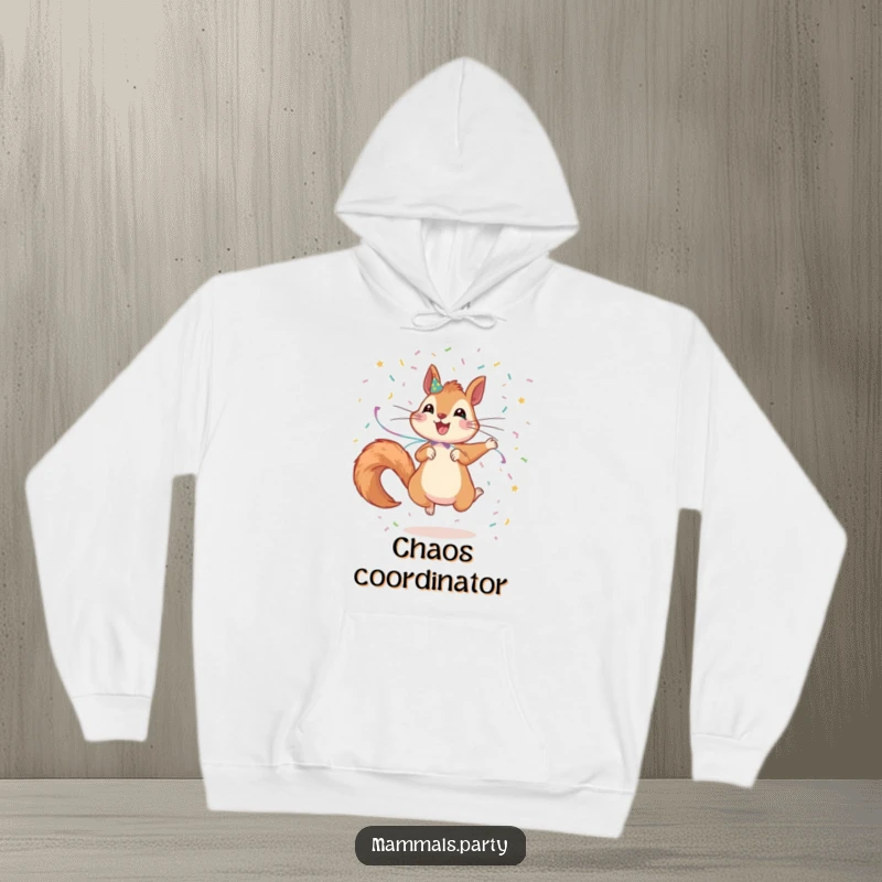 Funny Squirrel Hoodie: A festive squirrel decorated with streamers jumps excitedly, scattering confetti for lively comfort.
